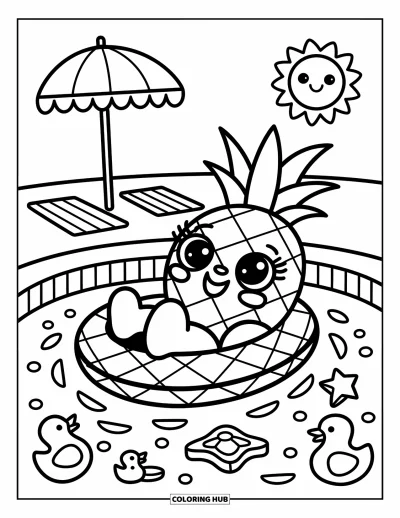 Coloriage d'ananas pour adultes : Ananas flottant dans une eau pétillante avec des petits canards, un parasol de plage et du soleil