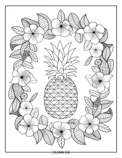 Coloriage d'ananas pour adultes : Ananas encadré par un mandala pleine page de fleurs et de feuilles tropicales