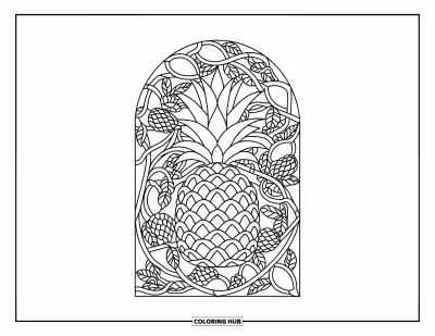 Coloriage d'ananas pour adultes : Ananas dans un motif en vitrail avec des vignes et des fruits tropicaux
