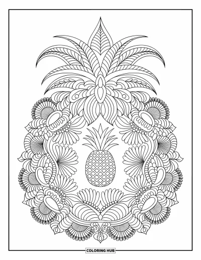 Coloriage d'ananas pour adultes : Ananas au milieu d'un motif de dentelle florale très détaillé