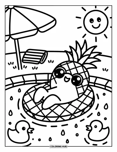 Coloriage d'ananas pour adultes : Ananas allongé sur une bouée dans une piscine pétillante avec des petits canards et un ciel ensoleillé