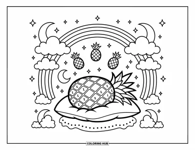 Coloriage d'ananas pour adultes : Ananas qui fait une sieste sur un nuage entouré d'étoiles, de lunes et de petits ananas
