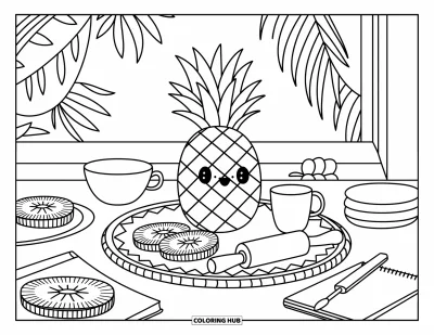 Coloriage d'ananas pour adultes : Ananas sur une planche à découper dans une cuisine douillette avec des assiettes, des ustensiles et des rondelles