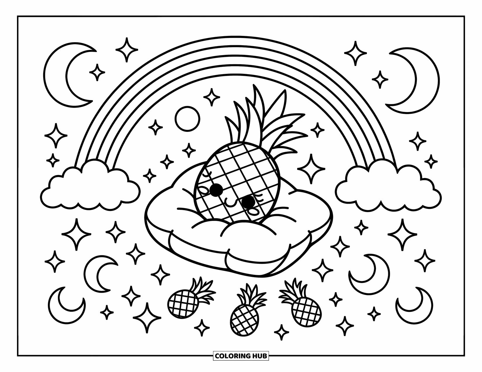 Pineapple Coloring Page for Adults: Pineapple rests on a cloud with floating stars, moons, and a gentle rainbow