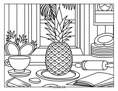 Coloriage d'ananas pour adultes : Ananas debout sur une planche avec un livre de recettes, des assiettes et une vue apaisante