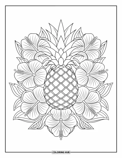 Coloriage d'ananas pour adultes : Ananas entouré d'hibiscus dans un motif symétrique élégant