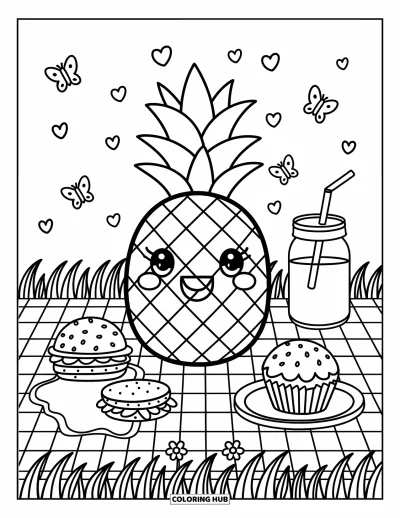 Coloriage d'ananas pour adultes : Ananas souriant assis sur une couverture de pique-nique entouré de petites gourmandises
