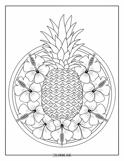 Coloriage d'ananas pour adultes : Ananas orné d'hibiscus généreux dans une composition symétrique