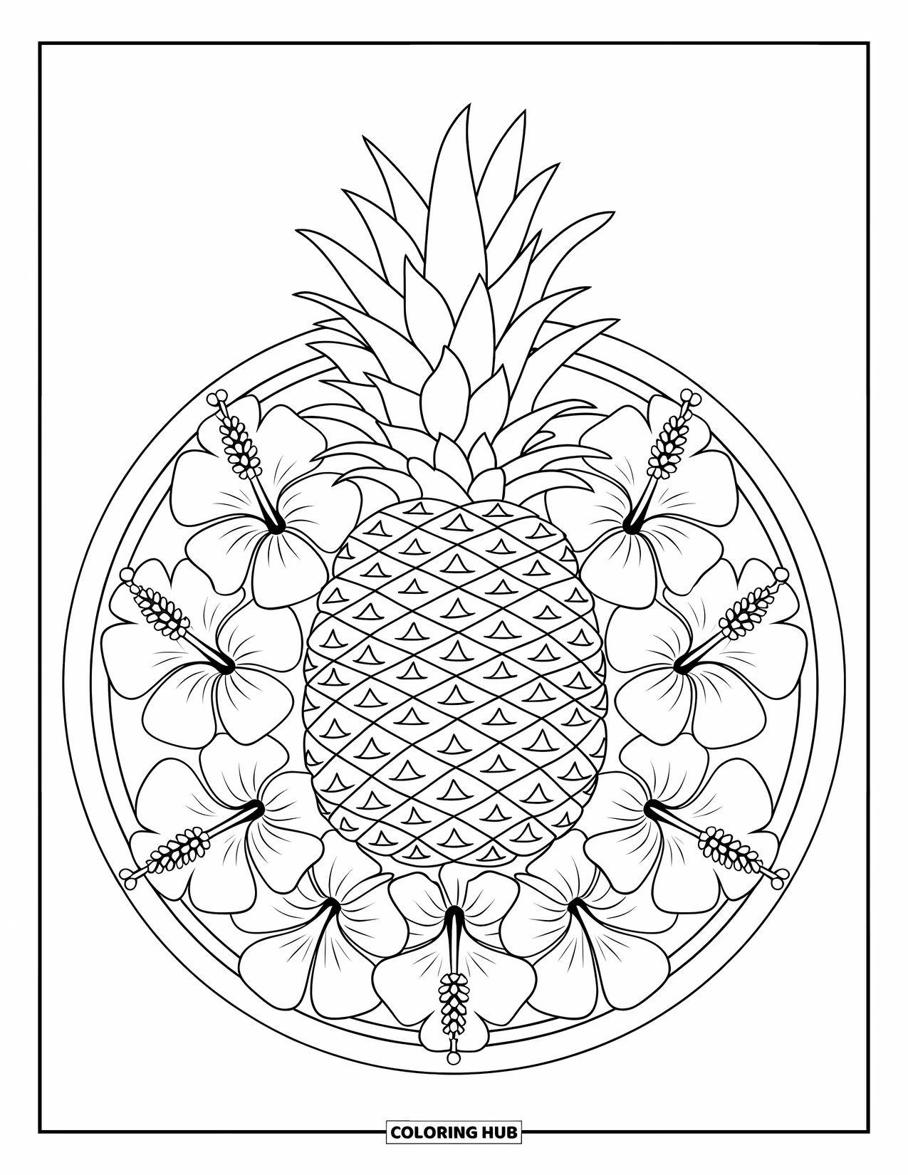 Pineapple Coloring Page for Adults: Pineapple with bold hibiscus flowers in a symmetrical design