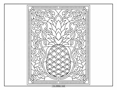 Coloriage d'ananas pour adultes : Ananas avec des vignes et des fruits dans un motif audacieux style vitrail