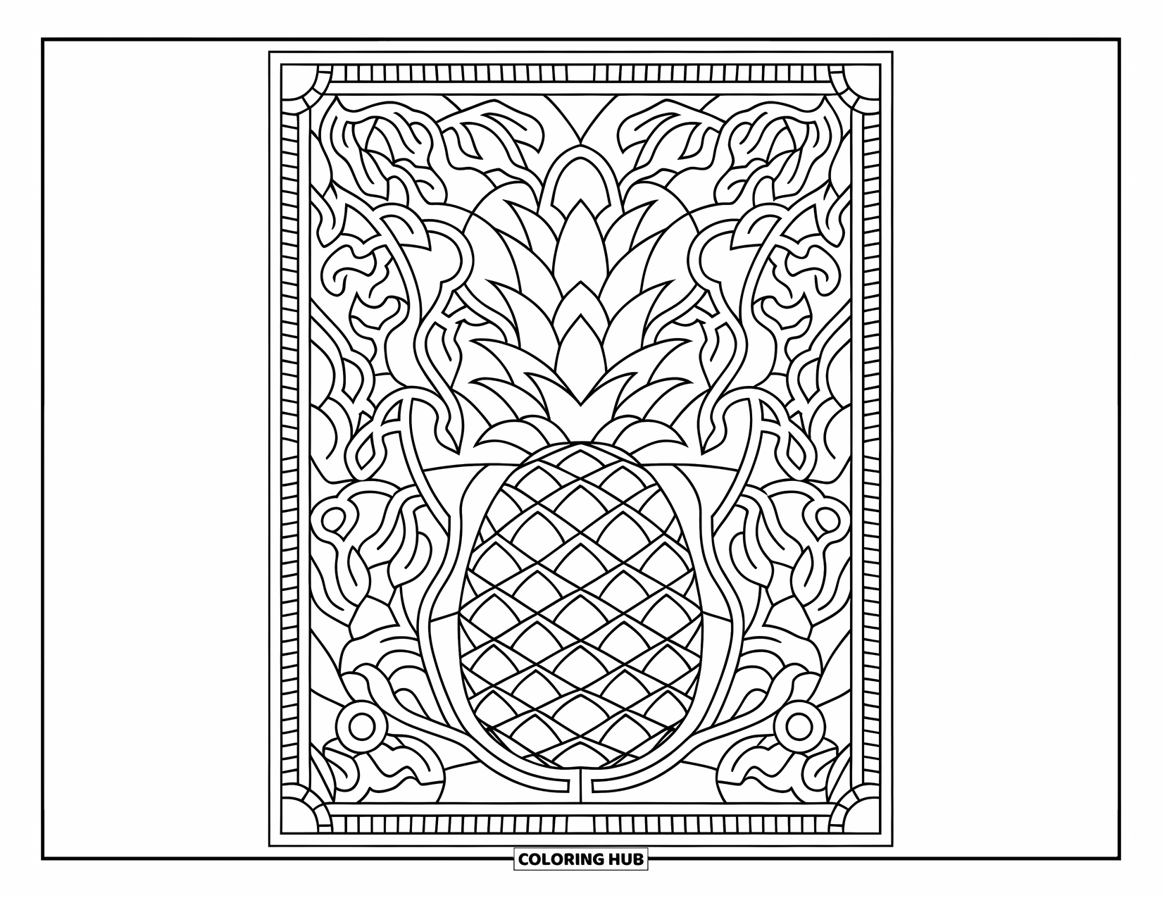 Pineapple Coloring Page for Adults: Pineapple with vines and fruit in a bold stained-glass-style pattern