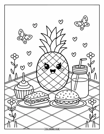 Coloriage d'ananas pour adultes : Ananas souriant avec des en-cas de pique-nique, des fleurs et des papillons sur une couverture accueillante