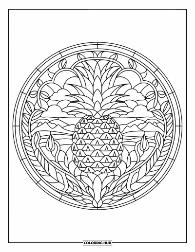 Coloriage d'ananas pour adultes : Cercle en vitrail avec un ananas, des feuilles et une scène naturelle apaisante