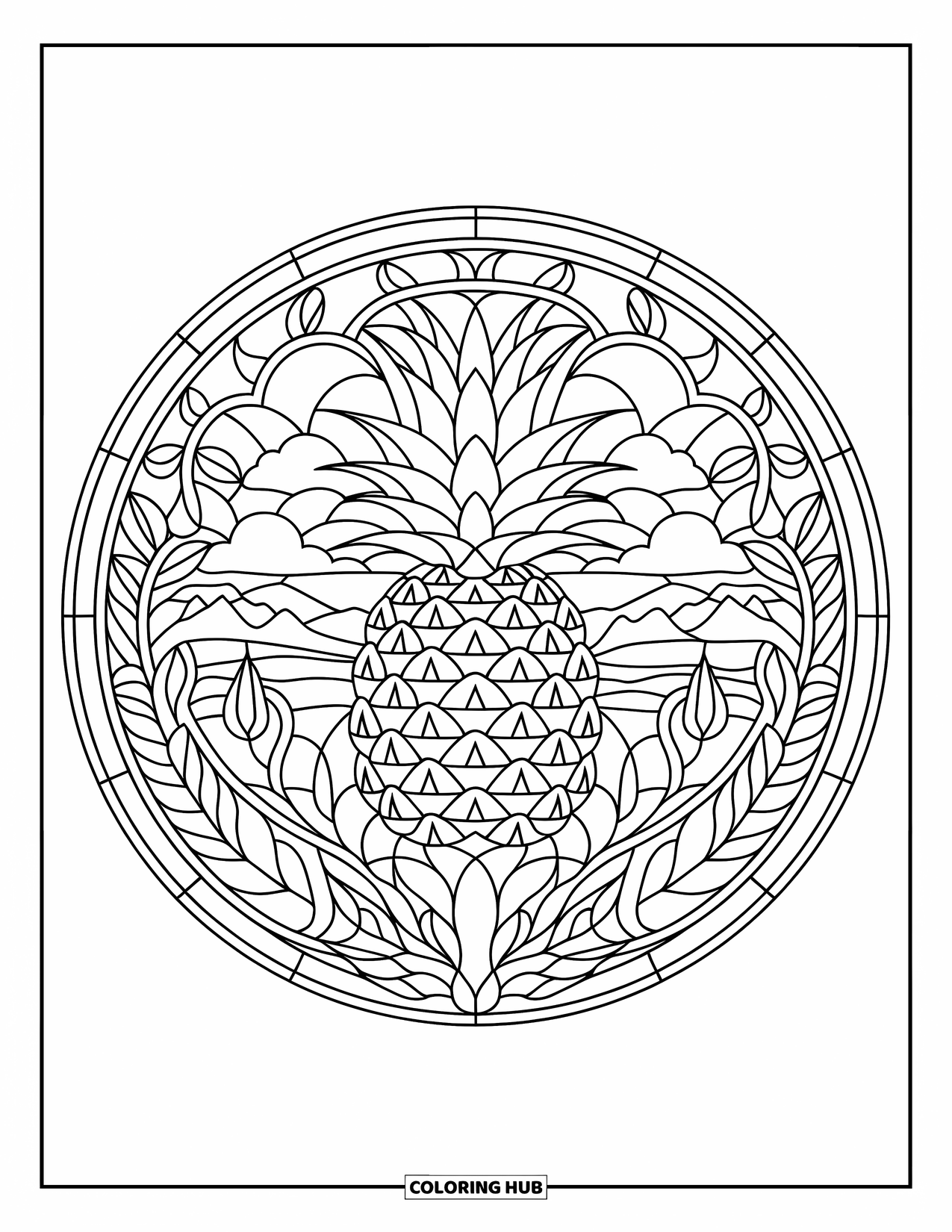 Pineapple Coloring Page for Adults: Stained-glass circle with pineapple, leaves, and a calm nature scene