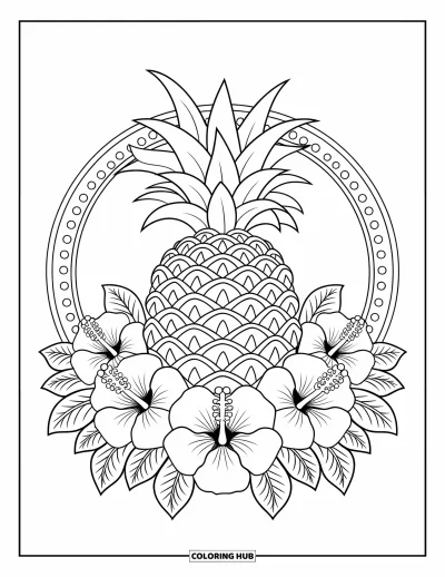 Coloriage d'ananas pour adultes : Composition symétrique d'ananas et d'hibiscus avec une bordure décorative