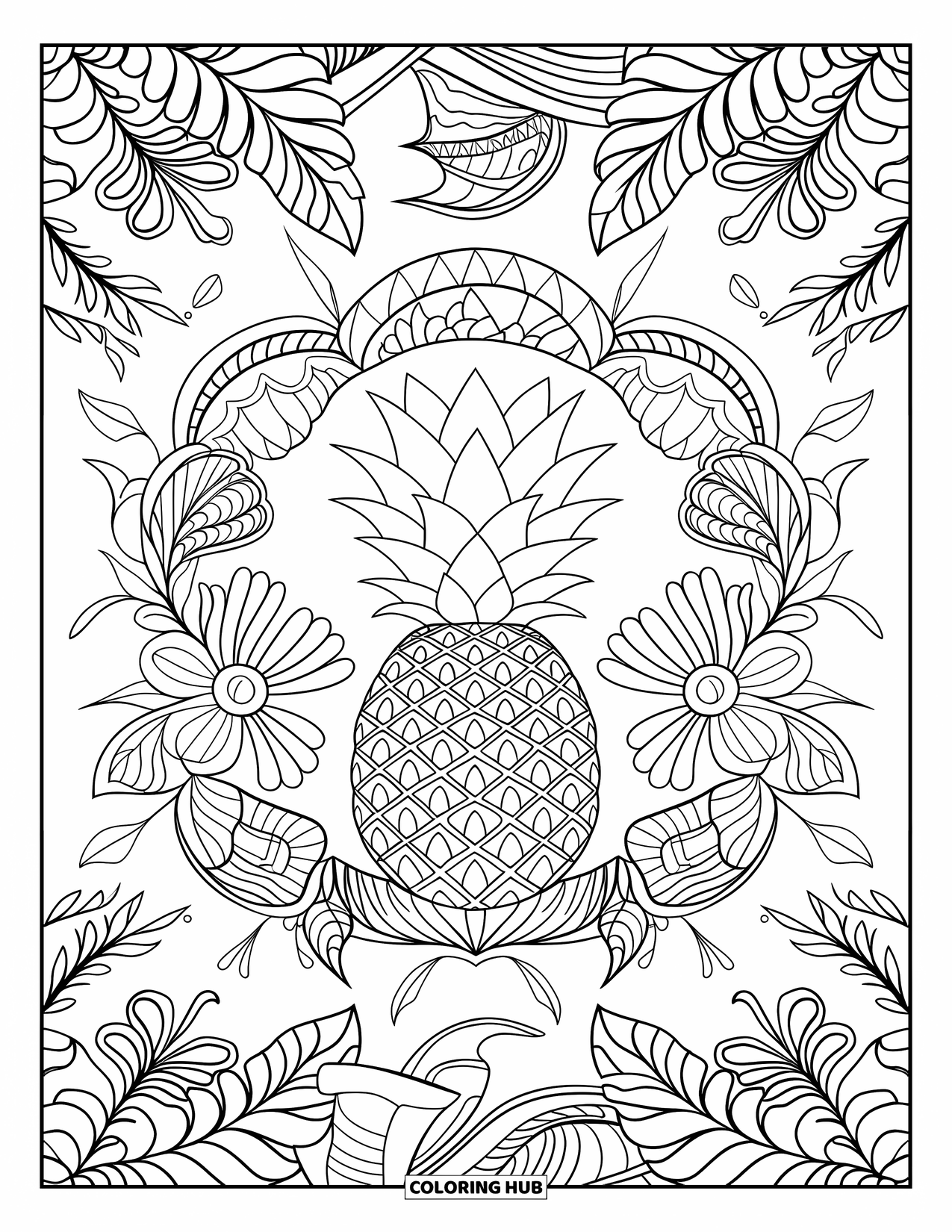Pineapple Coloring Page for Adults: Tropical mandala with a large pineapple surrounded by flowers and leaves