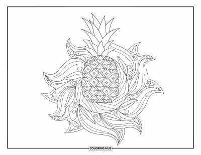 Coloriage d'ananas pour adultes : Ananas entier sur un fond de mandala aux feuilles tourbillonnantes