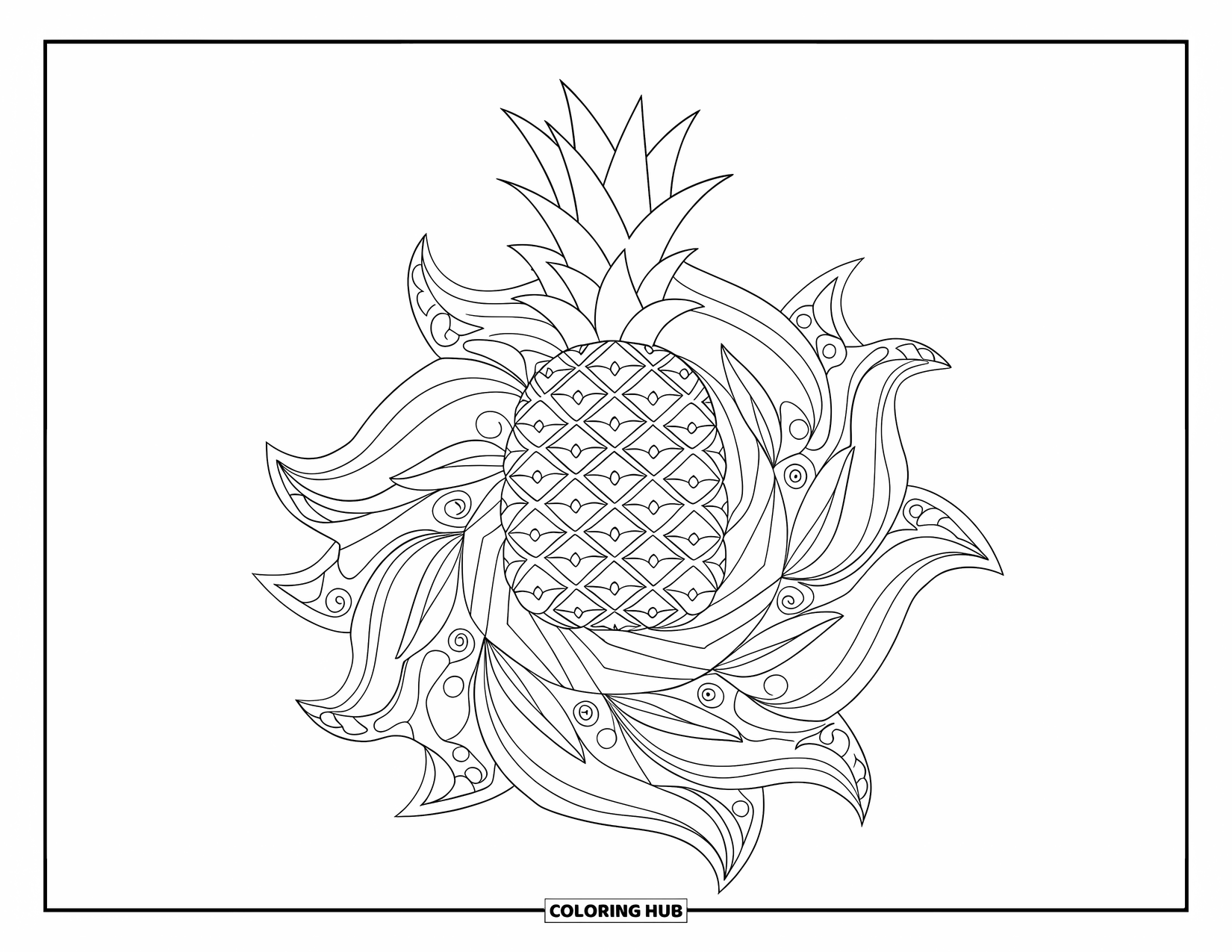 Pineapple Coloring Page for Adults: Whole pineapple on a swirling leafy mandala background