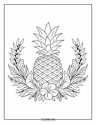 Coloriage d'ananas pour enfants : Ananas au centre entouré d'une couronne florale colorée