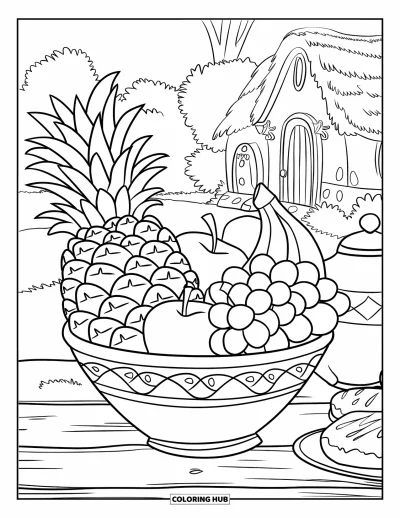 Coloriage d'ananas pour enfants : Corbeille de fruits avec un ananas, des bananes, des pommes, des raisins, ainsi qu'un scone et une théière à côté