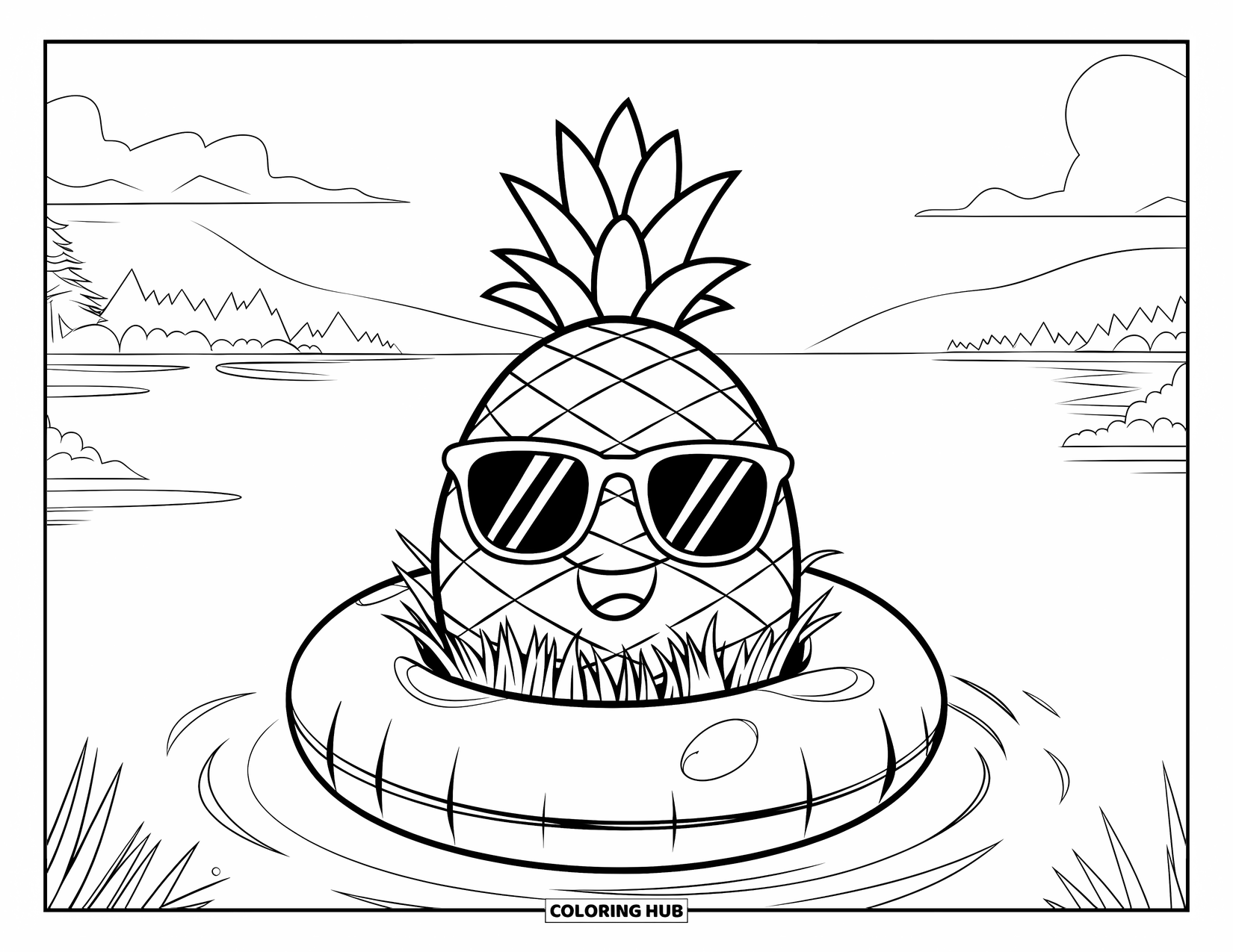 Pineapple Coloring Page for Kids: Happy pineapple in floaty ring wearing sunglasses and grass skirt