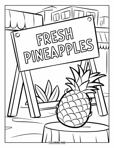 Coloriage d'ananas pour enfants : Étal de marché avec un ananas et une pancarte "Fresh Pineapples"