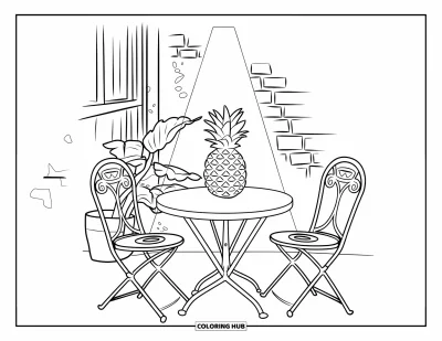 Coloriage d'ananas pour enfants : Terrasse avec une lampe ananas lumineuse, un mur rustique et des sièges confortables