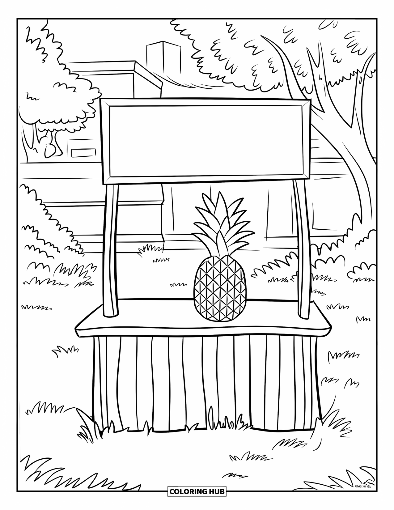 Pineapple Coloring Page for Kids: Pineapple at a summer stand with signboard and grassy scenery