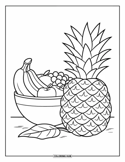 Coloriage d'ananas pour enfants : Ananas à côté d'une corbeille de fruits avec des bananes, des pommes, des raisins et une feuille tombée