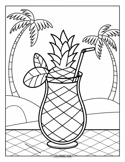 Coloriage d'ananas pour enfants : Boisson à l'ananas sur une table à carreaux avec des palmiers en arrière-plan