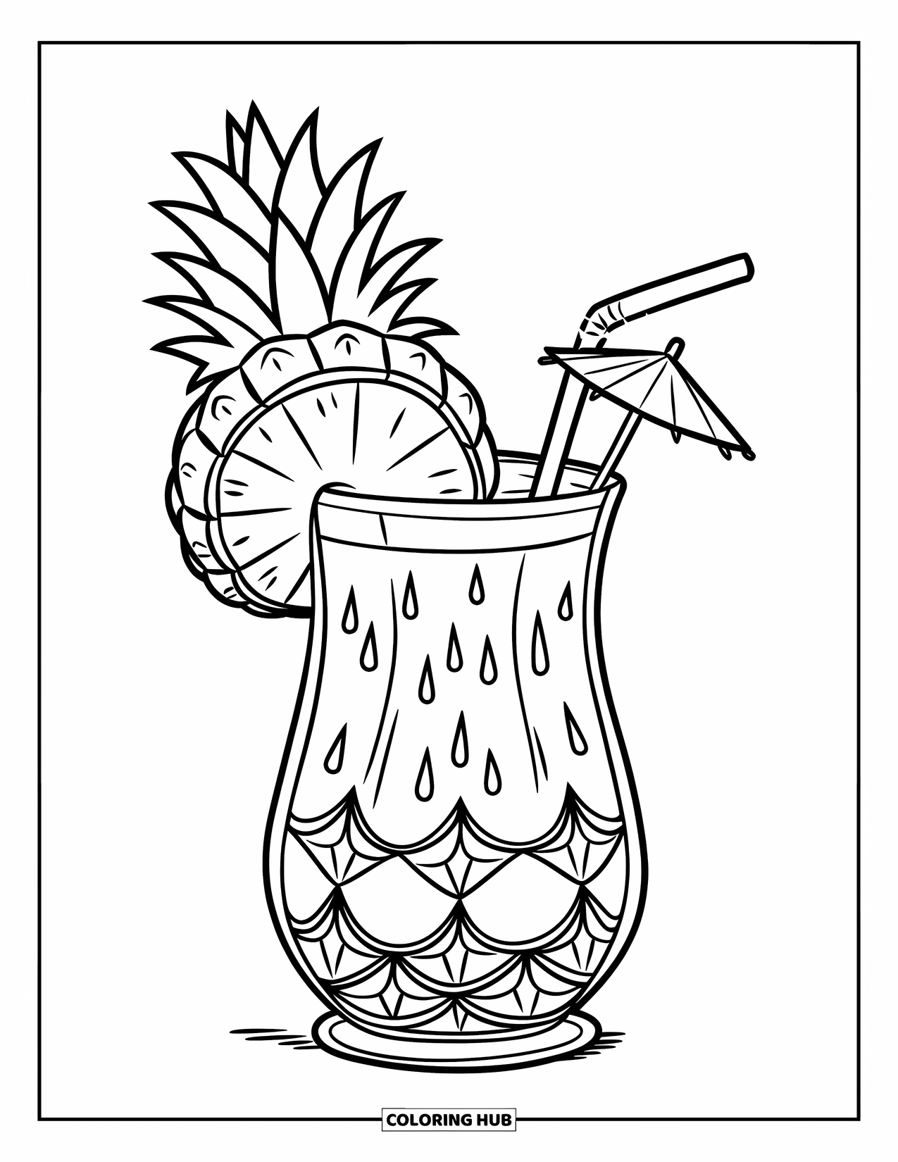 Pineapple Coloring Page for Kids: Pineapple drink with umbrella, straw, and leafy garnish