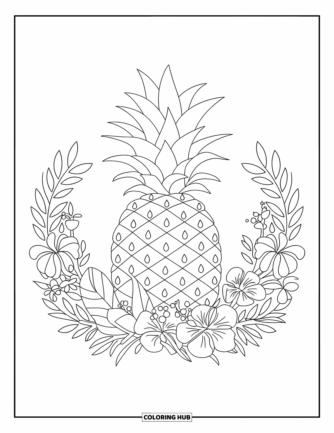 Pineapple Coloring Page for Kids: Pineapple framed by a wreath of tropical flowers and leaves