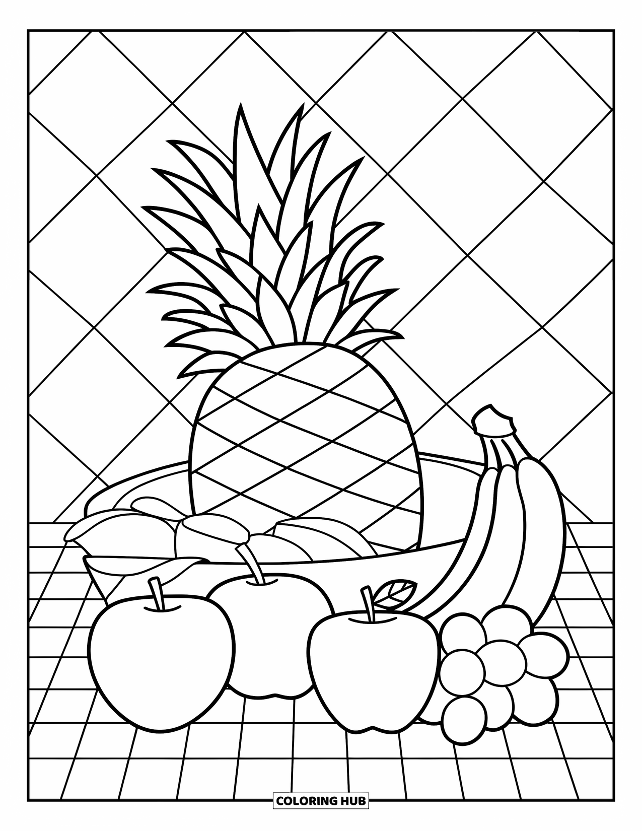 Pineapple Coloring Page for Kids: Pineapple in a fruit bowl with bananas, apples, grapes, and a checkered background