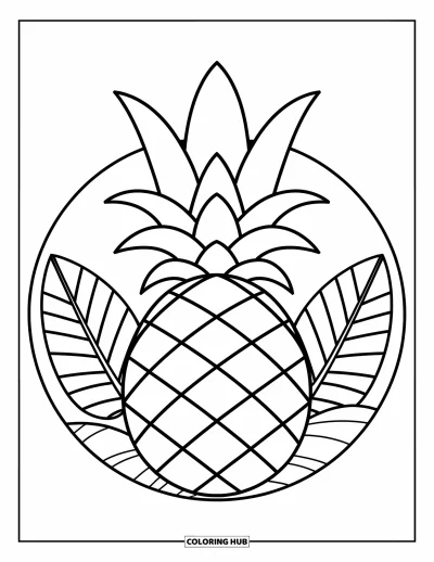 Coloriage d'ananas pour enfants : Ananas dans un cercle, entouré de trois feuilles tropicales