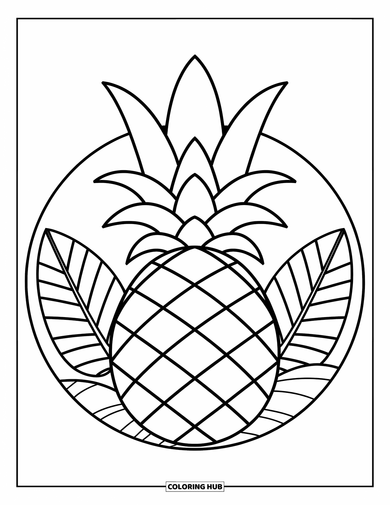 Pineapple Coloring Page for Kids: Pineapple inside a circle, surrounded by three tropical leaves