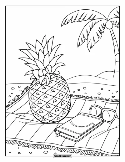 Coloriage d'ananas pour enfants : Ananas détendu avec des lunettes de soleil et un livre près de palmiers et de sable
