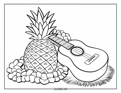 Coloriage d'ananas pour enfants : Ananas à côté d'un ukulélé et d'un collier de fleurs sur une jupe de paille