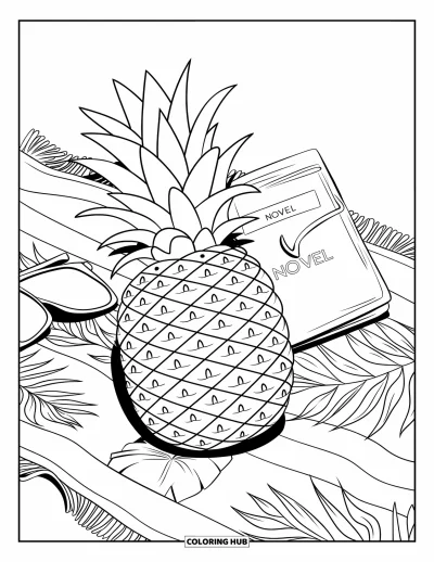 Coloriage d'ananas pour enfants : Ananas sur une serviette de plage avec un livre et des lunettes de soleil