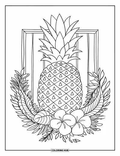 Coloriage d'ananas pour enfants : Ananas sur une planche en bois entouré d'une couronne tropicale de fleurs et de feuilles