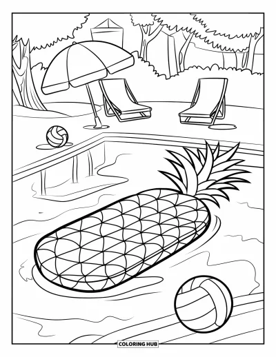 Coloriage d'ananas pour enfants : Bouée ananas dans une piscine avec un ballon de volley, un parasol et des palmiers