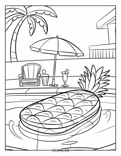 Coloriage d'ananas pour enfants : Bouée ananas qui flotte dans une piscine avec des accessoires de plage et des palmiers alentour