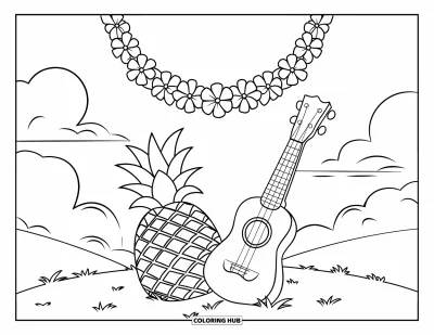 Coloriage d'ananas pour enfants : Ananas, ukulélé et collier de fleurs posés dans l'herbe sous un ciel ensoleillé