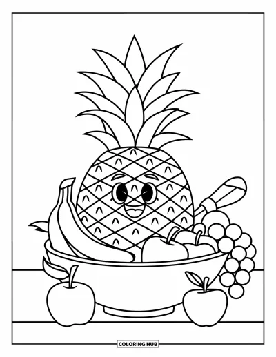 Coloriage d'ananas pour enfants : Ananas avec un chapeau dans une corbeille de fruits garnie de bananes, de pommes et de raisins