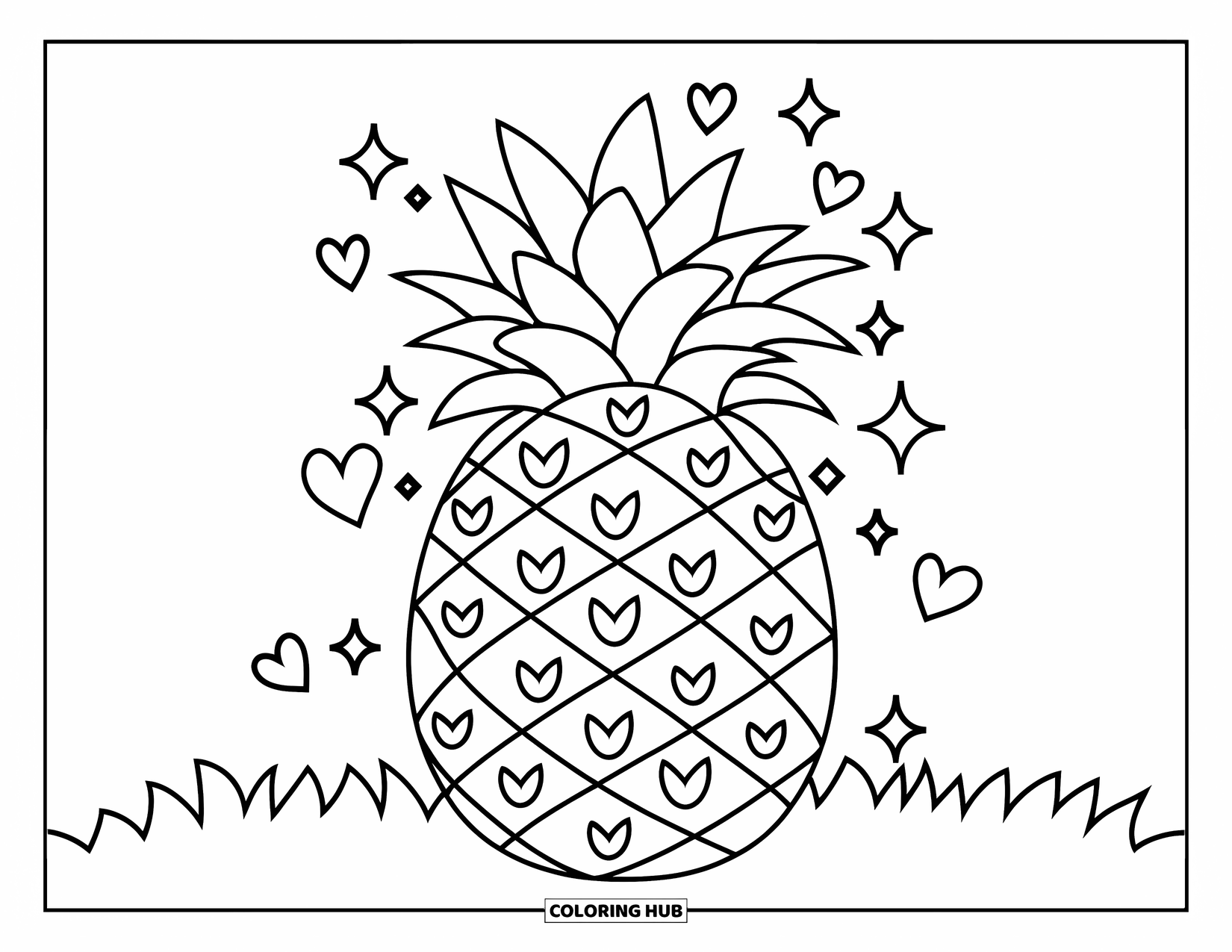 Pineapple Coloring Page for Kids: Pineapple with hearts, sparkles, and a grassy setting