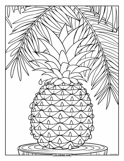 Coloriage d'ananas pour enfants : Ananas avec des feuilles de palmier et des noix de coco sur un socle en bois