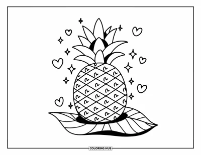 Coloriage d'ananas pour enfants : Ananas avec des étoiles et des cœurs qui flottent autour de lui