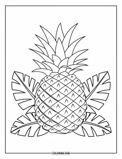 Coloriage d'ananas pour enfants : Ananas avec trois feuilles tropicales sur un fond blanc épuré