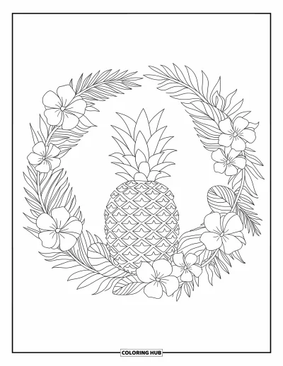 Coloriage d'ananas pour enfants : Ananas orné de fleurs et de feuilles tropicales formant une couronne