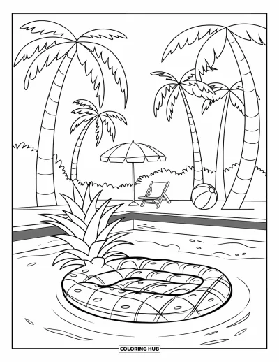 Coloriage d'ananas pour enfants : Bouée ananas au bord d'une piscine avec des palmiers, des chaises et des accessoires de plage
