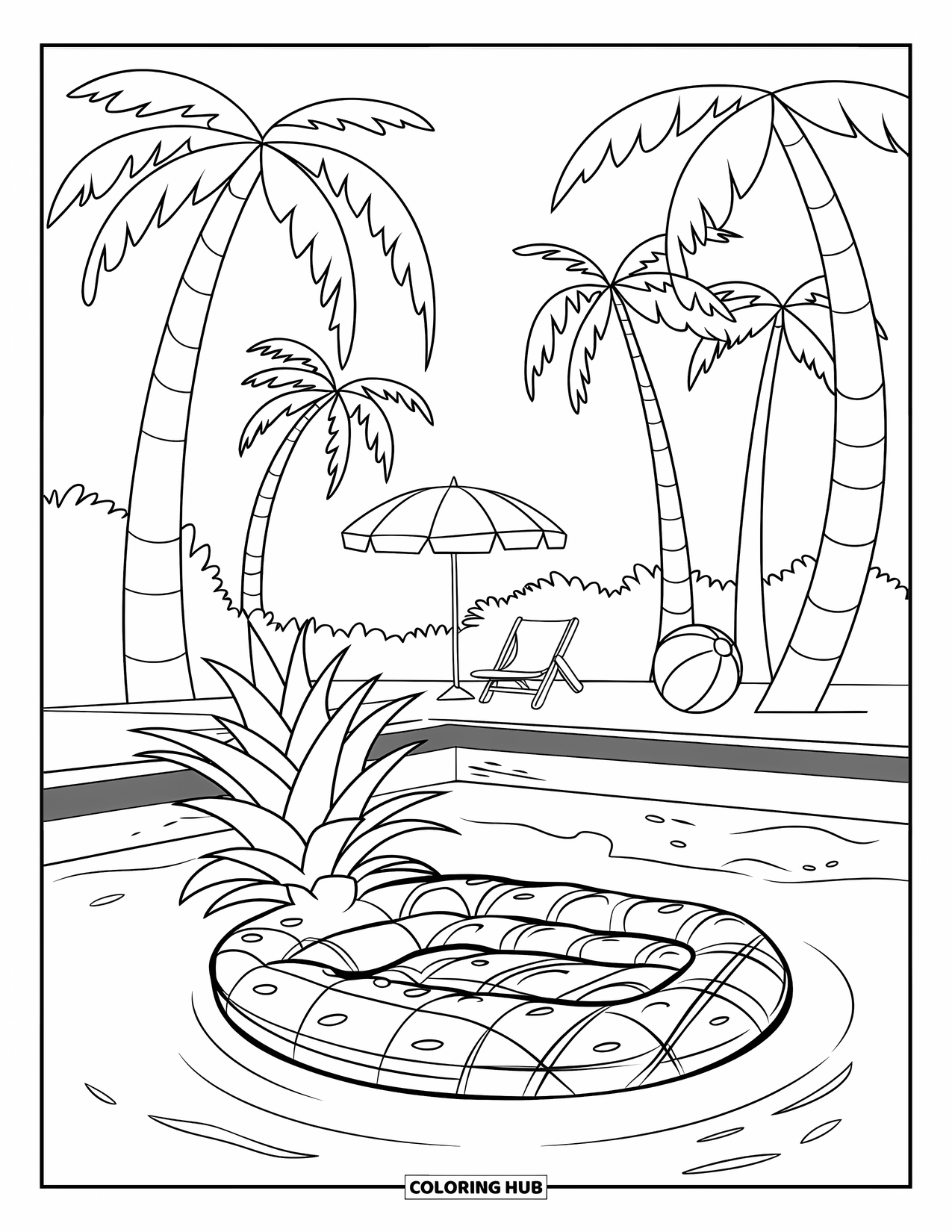 Pineapple Coloring Page for Kids: Poolside pineapple float with palm trees, chairs, and beach accessories